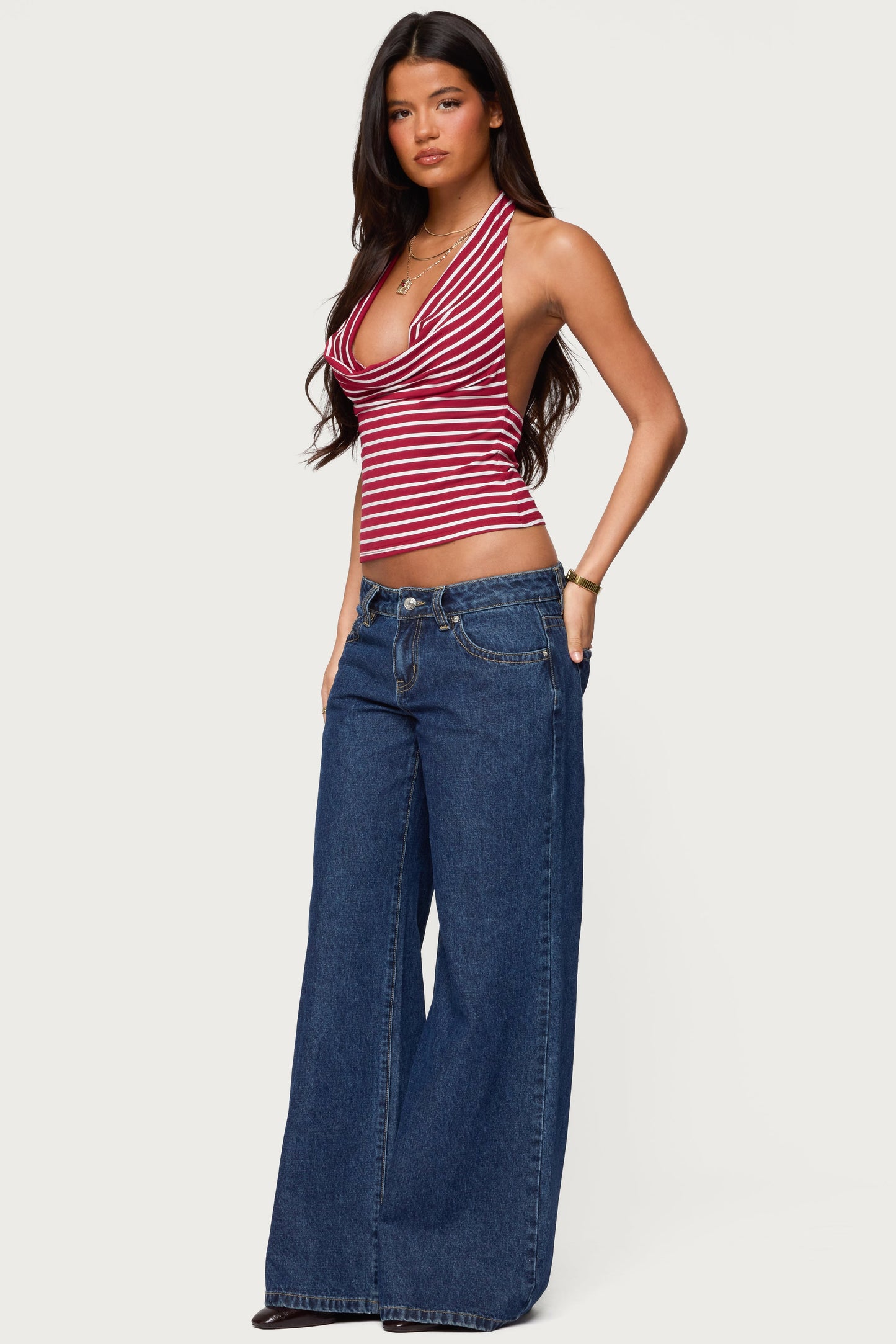 Striped Cowl Neck Halter Top