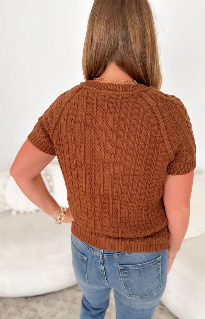 Brown Cable Knit Button Short Sleeve Top