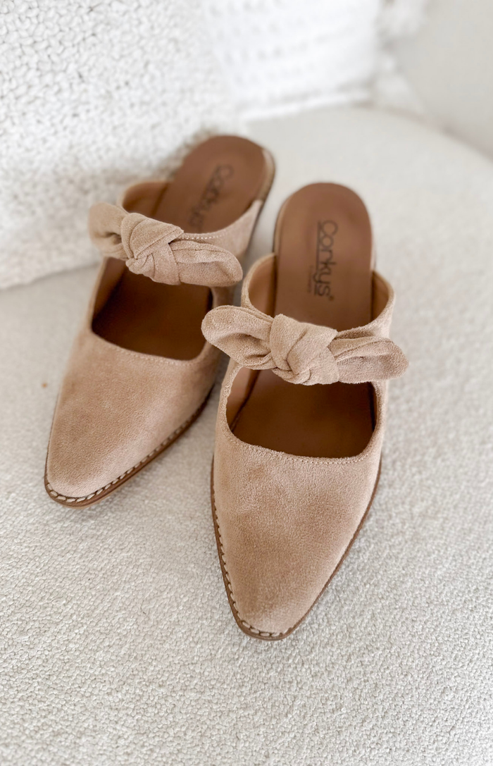 Camel Suede Slip on Heeled Mules