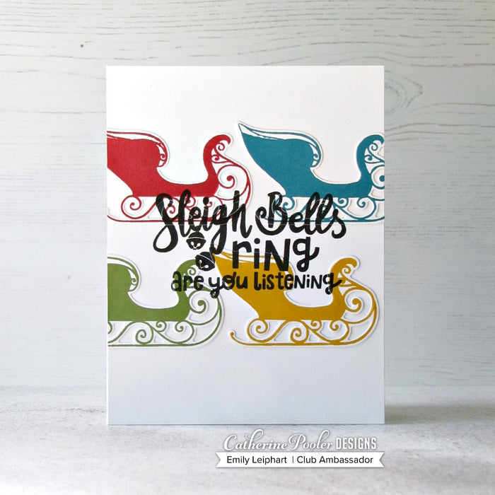 Catherine Pooler - Stamp Set - Sleigh Ride. What could be better then a ride through the snow? With the Sleigh Ride Stamp Set you can ride through the snow in the back of reindeer drawn sleigh and pull your tree from the forest on the back of your pickup truck. Don't forget you thermos of hot cocoa while out in the snow enjoying your day! Available at Embellish Away located in Bowmanville Ontario Canada. Card made by Emily Leiphart.
