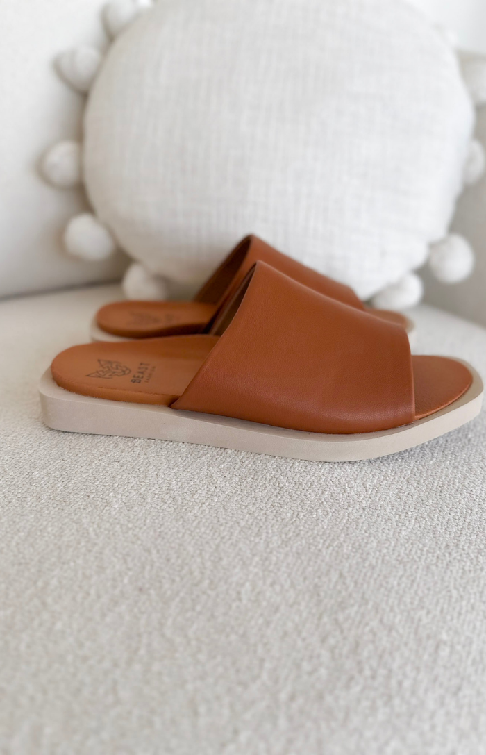 Cognac Slip On Platform Sandals