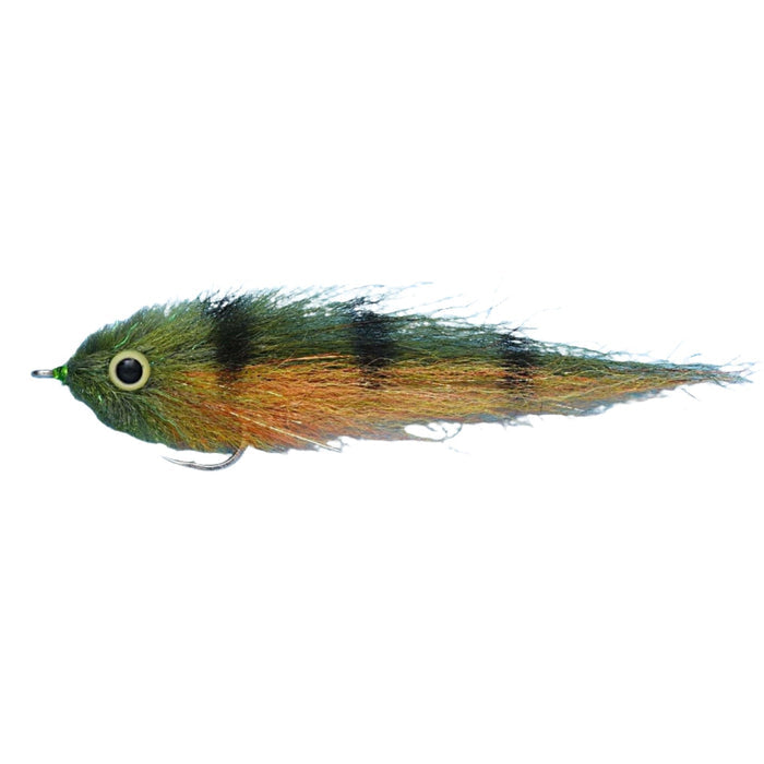 EP Peacock Bass fly lure with iridescent green and copper body, black bands, and 3D eye