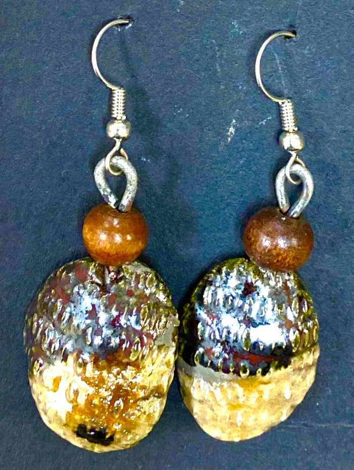 Raku Two tone amber brown and gold Luster Wood beads 1/2 ounces