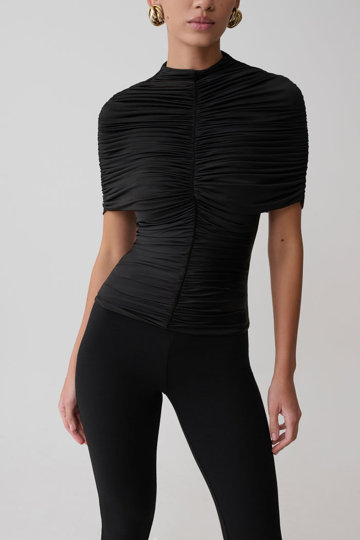 Linh Slinky High Neck Gathered Top - Black