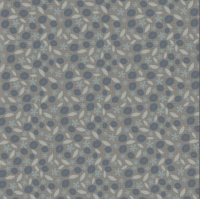 Peacock Manor 3325-003 - gray cotton fabric with blue flowers and white leaves