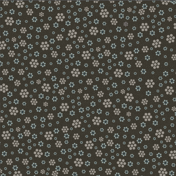 Peacock Manor 3326-001 - brown cotton fabric with blue and ecru hexagon flowers