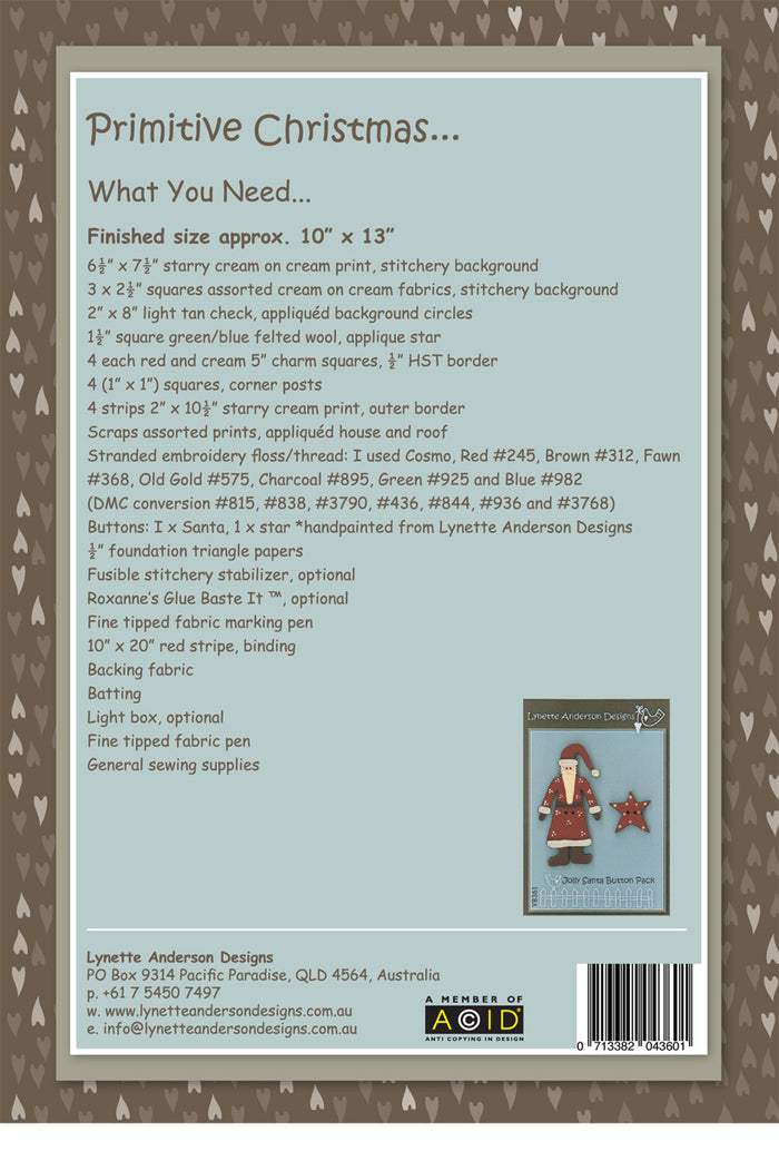 Primitive Christmas Mini Quilt by Lynette Anderson Pattern Back