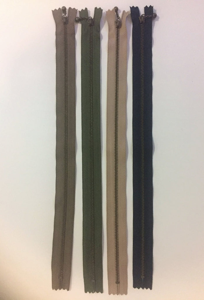 13 1/2" Mixed Zipper Pack (4pcs) - brown, olive green, navy blue, and beige