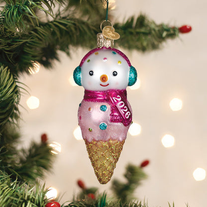 2026 snowman glass ornament with pink earmuffs and scarf