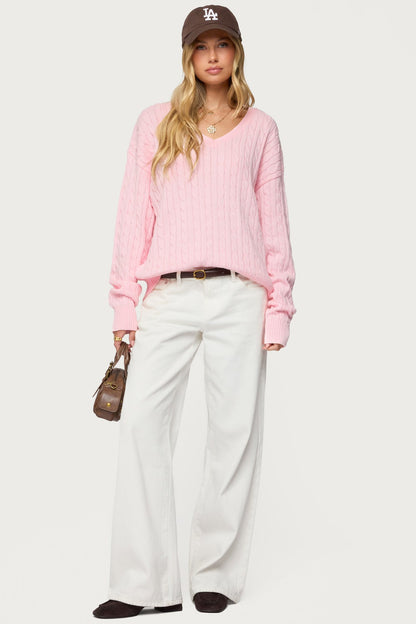 Polly V Neck Cable Knit Sweater