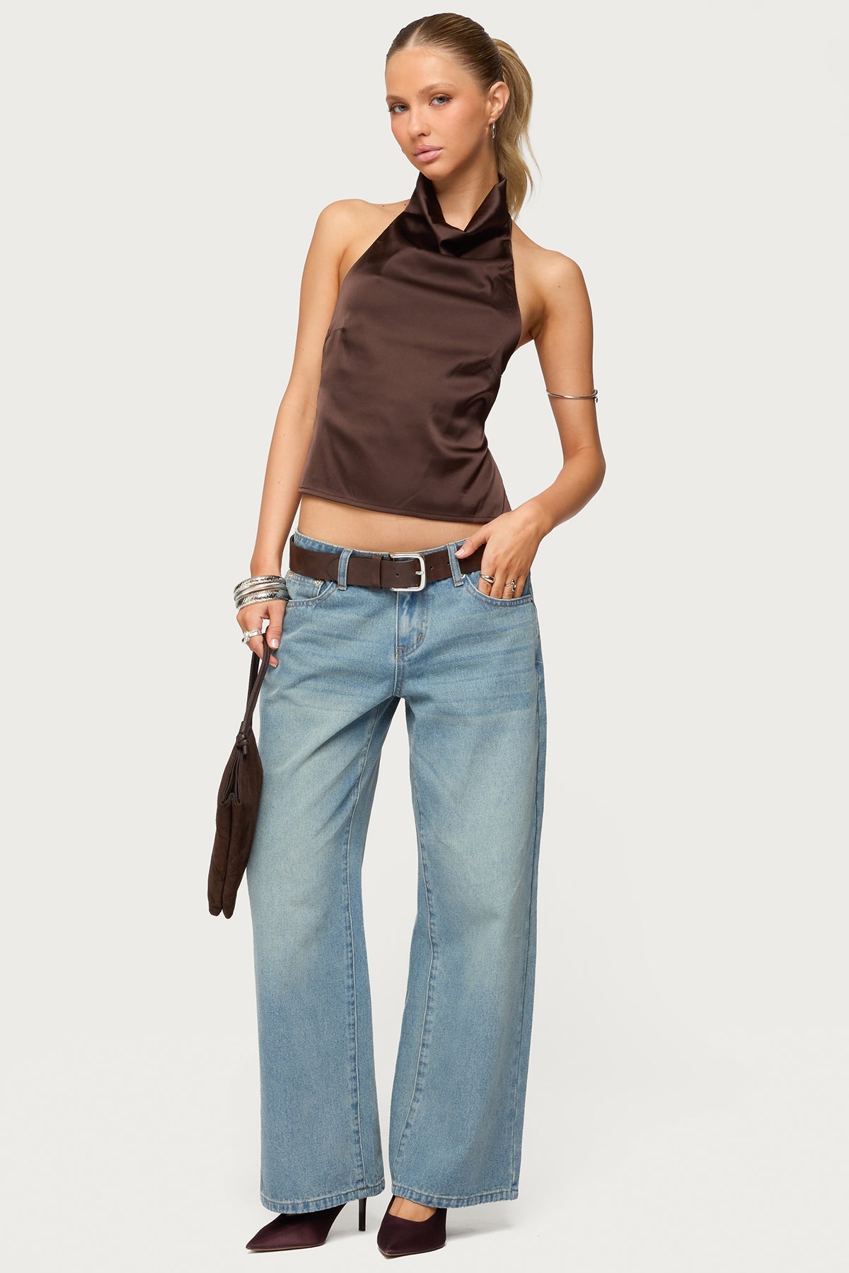 Satin Effect Backless Cowl Neck Top