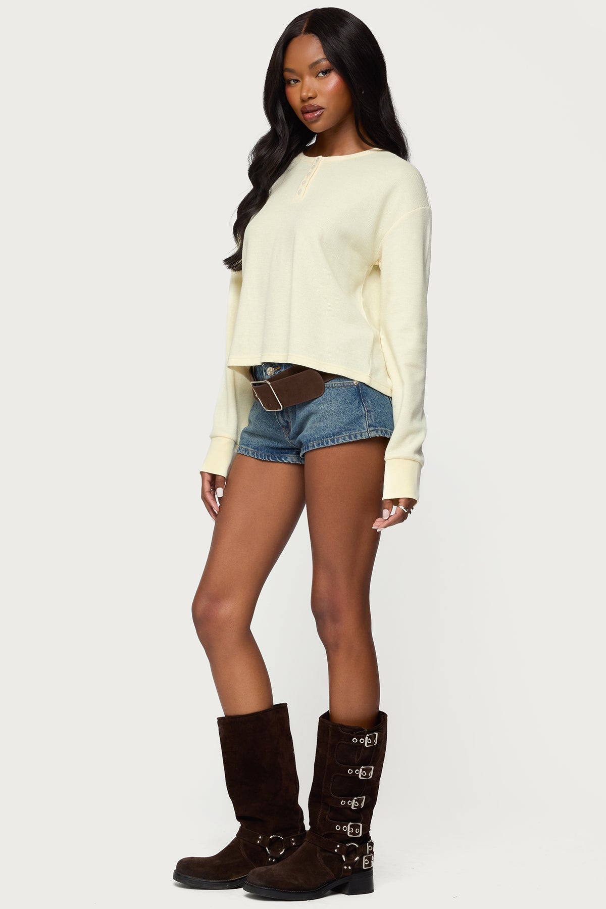 Deni Long Sleeve Henley Waffle Top