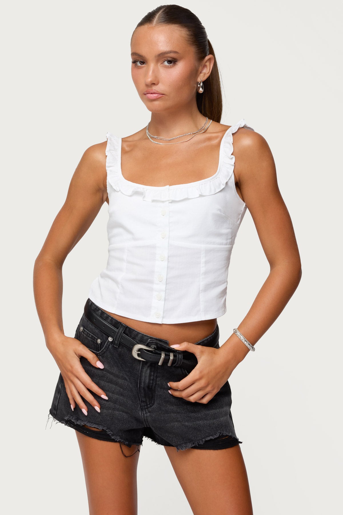 Noga Ruffle Woven Button Up Top