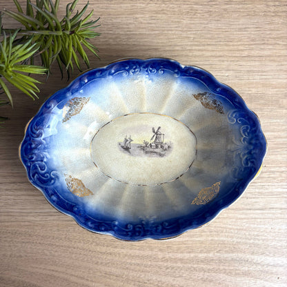 Antique La Francaise Porcelain Flow Blue Vegetable Bowl - Windmill & Sailboat Scene - Turn of the Century Decor - NextStage Vintage