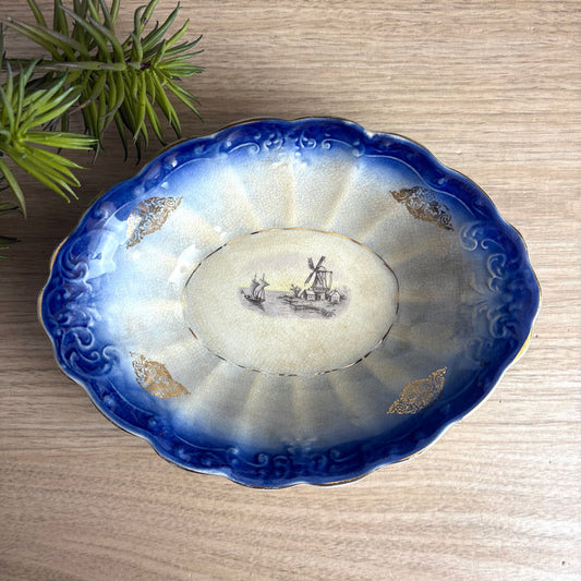 Antique La Francaise Porcelain Flow Blue Vegetable Bowl - Windmill & Sailboat Scene - Turn of the Century Decor - NextStage Vintage