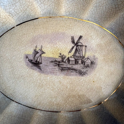 Antique La Francaise Porcelain Flow Blue Vegetable Bowl - Windmill & Sailboat Scene - Turn of the Century Decor - NextStage Vintage