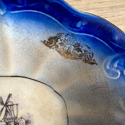Antique La Francaise Porcelain Flow Blue Vegetable Bowl - Windmill & Sailboat Scene - Turn of the Century Decor - NextStage Vintage