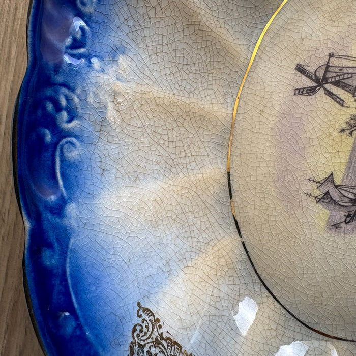 Antique La Francaise Porcelain Flow Blue Vegetable Bowl - Windmill & Sailboat Scene - Turn of the Century Decor - NextStage Vintage