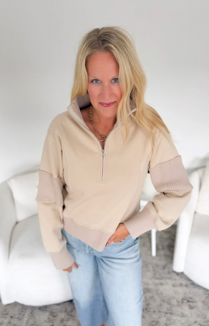 Beige 1/2 Zip Brushed Terry Pullover