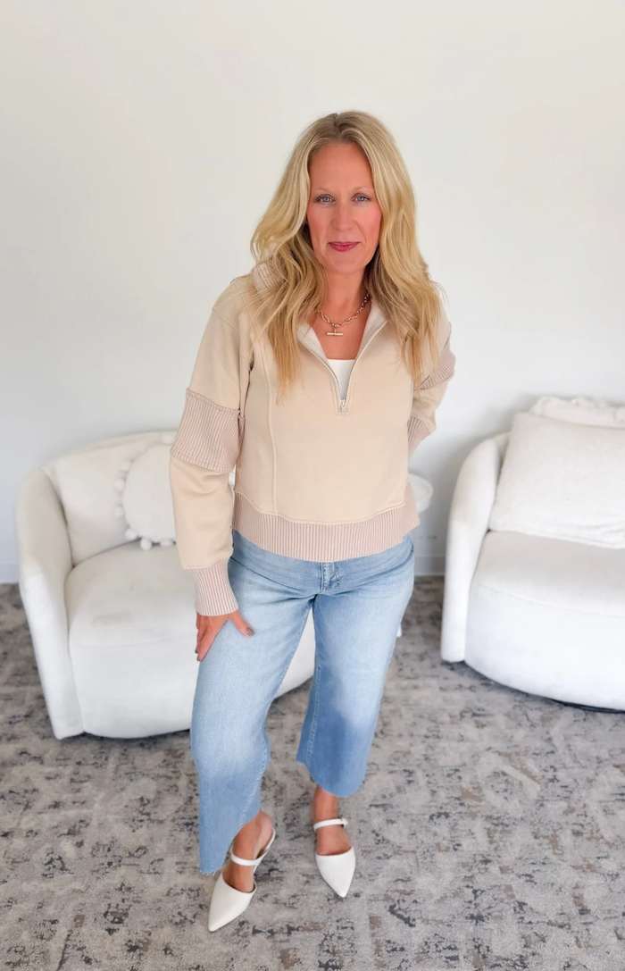 Beige 1/2 Zip Brushed Terry Pullover