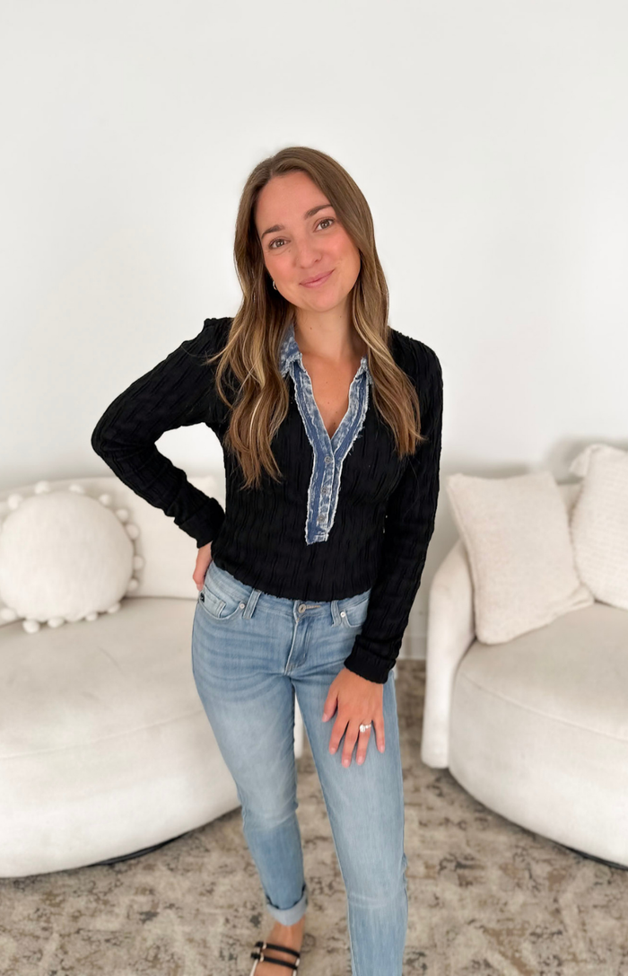 Black Textured Denim Mixed Long Sleeve Top