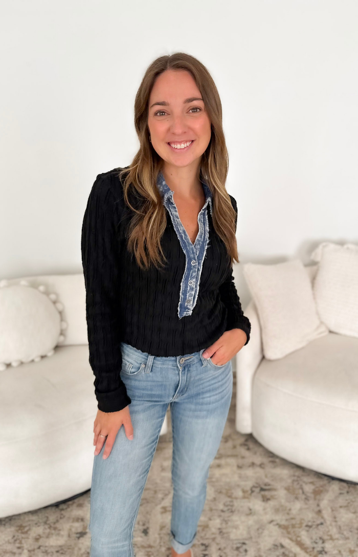 Black Textured Denim Mixed Long Sleeve Top