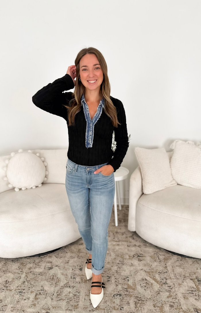 Black Textured Denim Mixed Long Sleeve Top