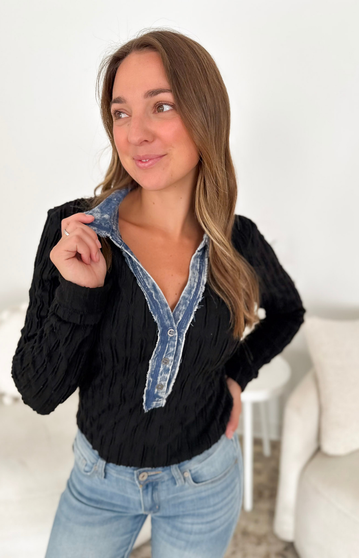 Black Textured Denim Mixed Long Sleeve Top