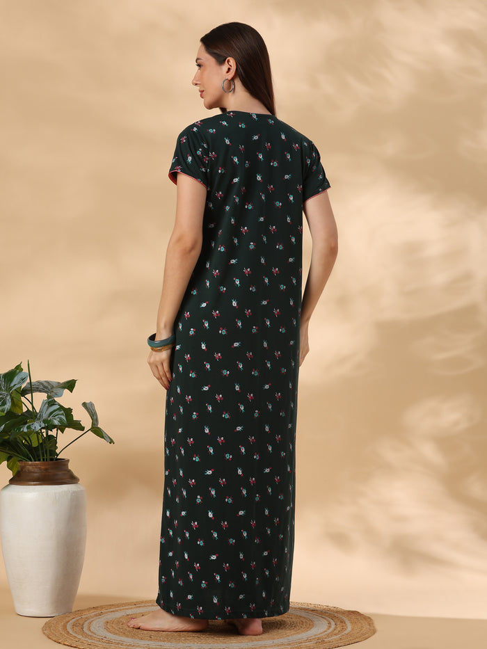 Bottle Green Floral Cotton Blend Designer Nighty for Women