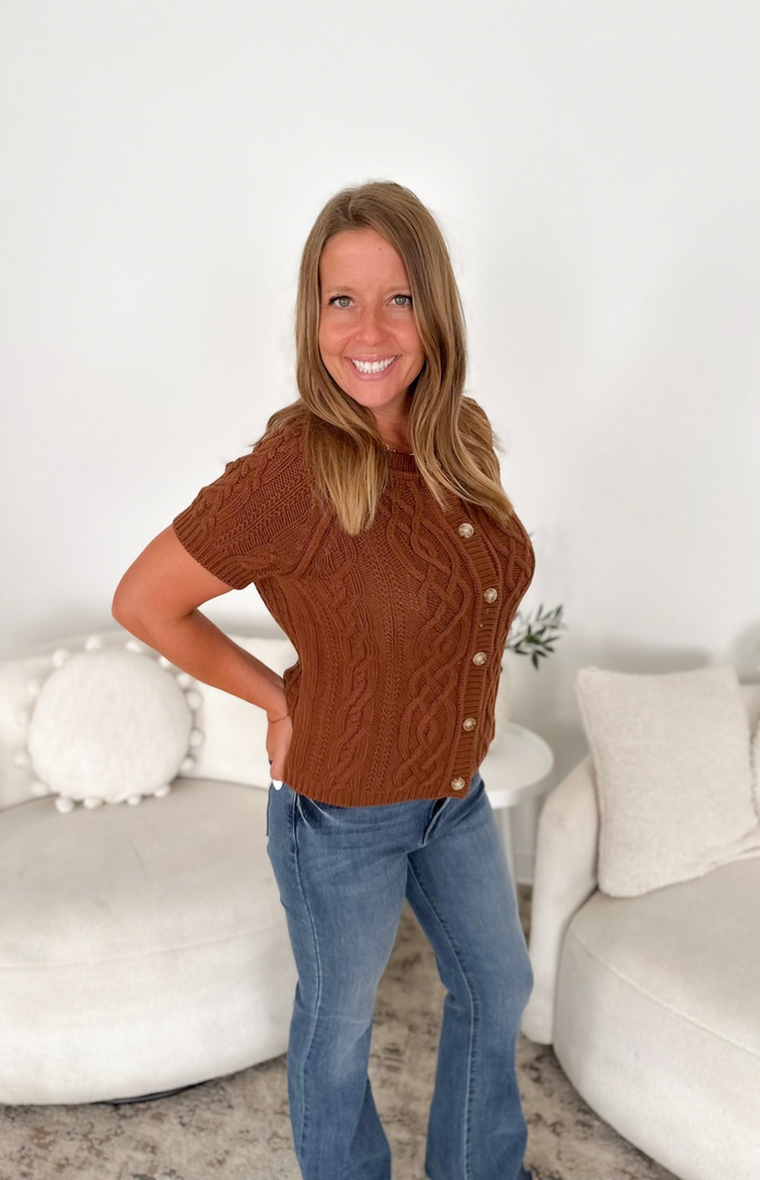 Brown Cable Knit Button Short Sleeve Top