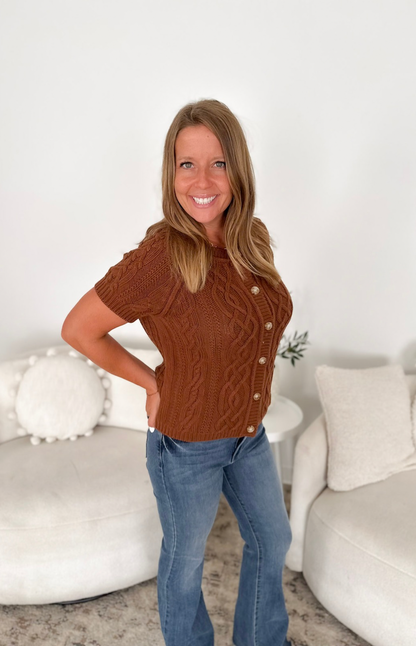 Brown Cable Knit Button Short Sleeve Top