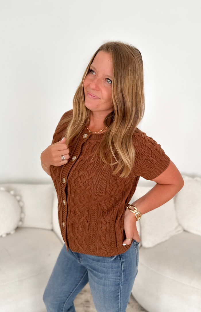 Brown Cable Knit Button Short Sleeve Top