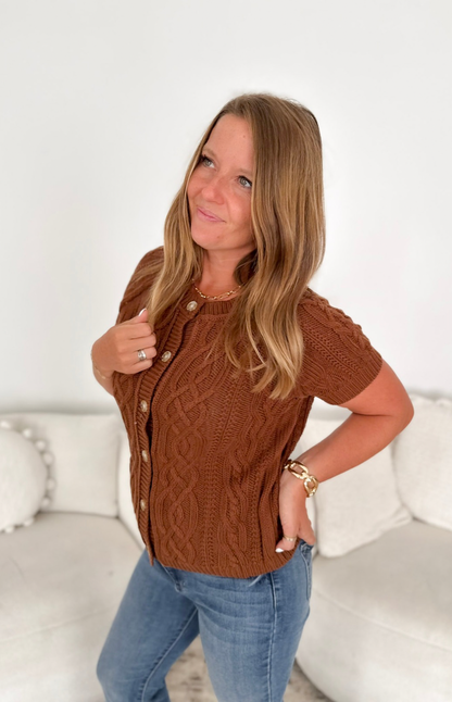 Brown Cable Knit Button Short Sleeve Top