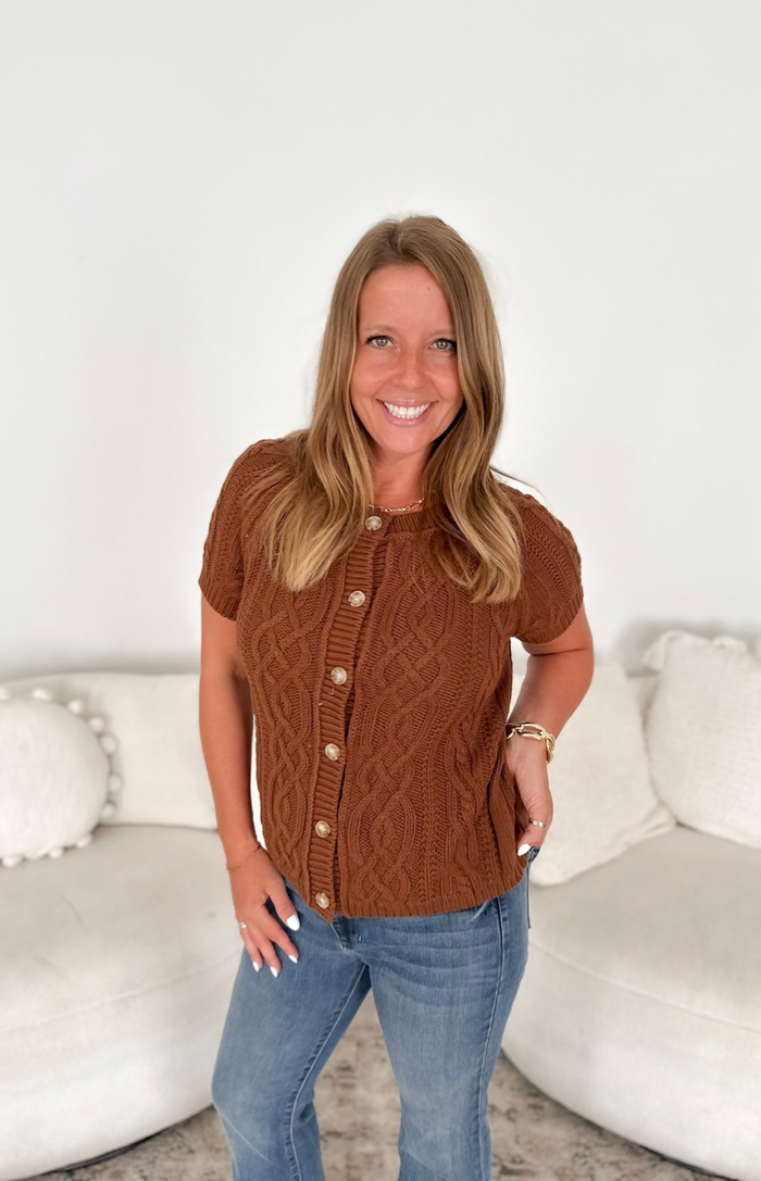 Brown Cable Knit Button Short Sleeve Top