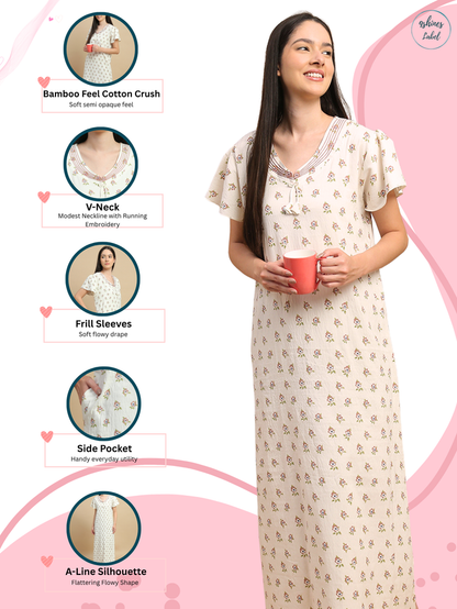 Vanilla buti print nighty for women in sizes m to xxl