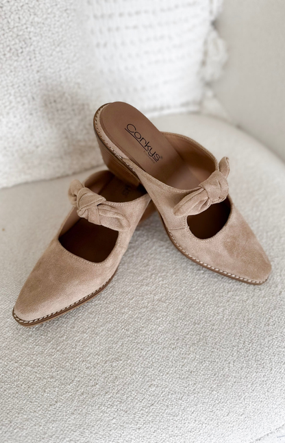 Camel Suede Slip on Heeled Mules