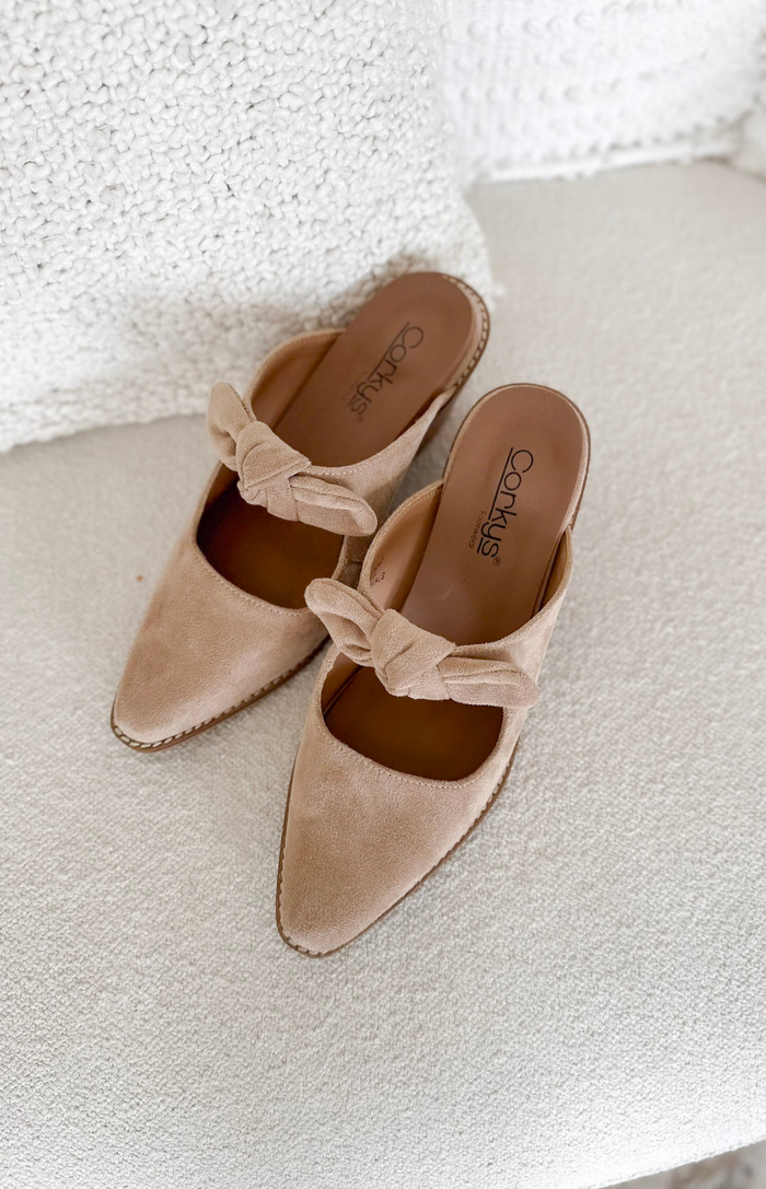 Camel Suede Slip on Heeled Mules