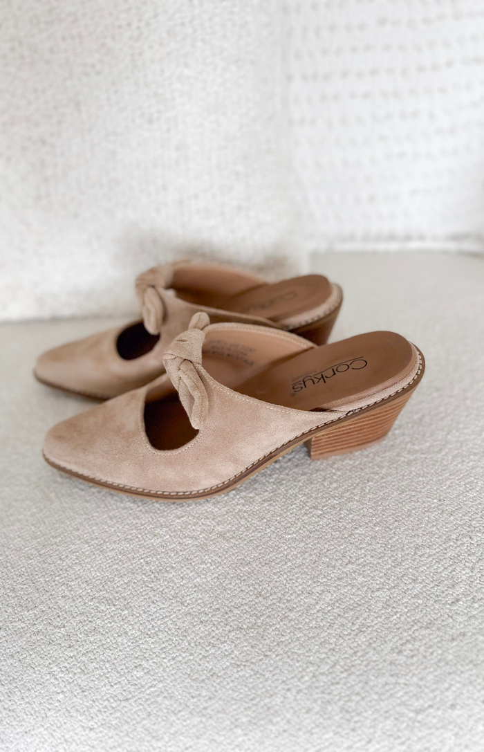 Camel Suede Slip on Heeled Mules