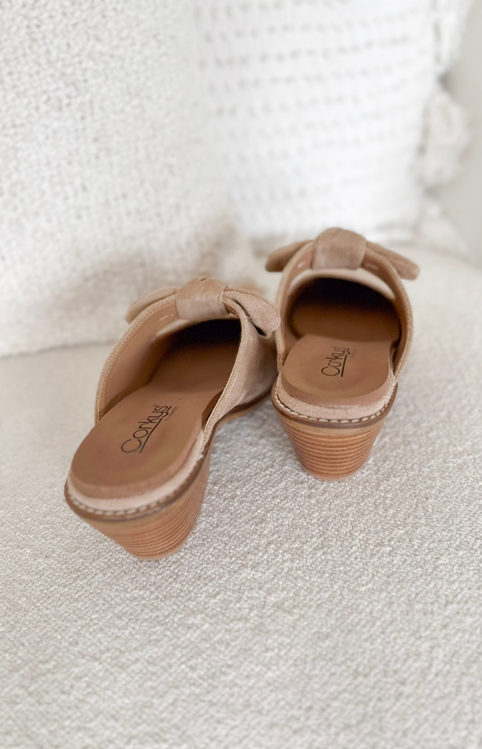 Camel Suede Slip on Heeled Mules