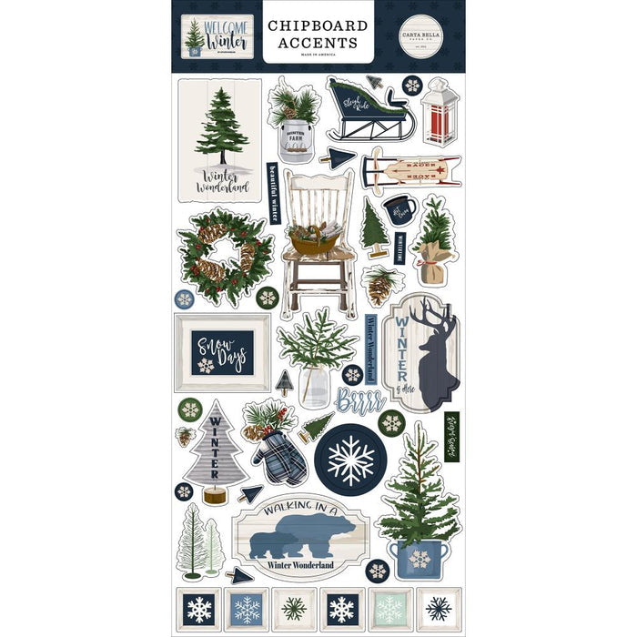 Carta Bella - Welcome Winter Chipboard 6"X13" Accents. Coordinating: Kit 12X12, Pad 6X6, Solid Cardstock 12"X12", Ephemera - Frames & Tags, Ephemera - Icons, Enamel Dots, Puffy Stickers, Chipboard 6X13 - Accents, Chipboard 6X13 - Phrases, Chipboard 6X13 - Frames, Decorative Brads. Available at Embellish Away located in Bowmanville Ontario Canada.