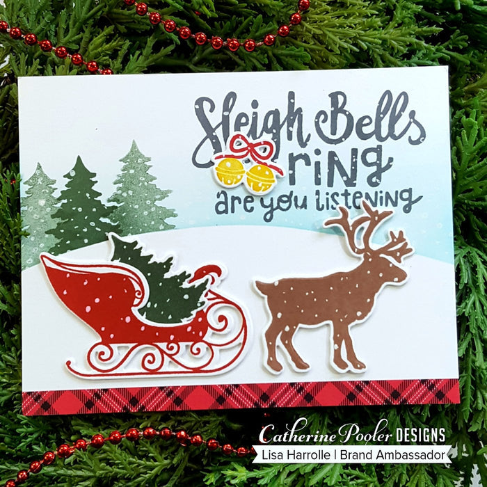 Catherine Pooler - Stamp Set - Sleigh Ride. What could be better then a ride through the snow? With the Sleigh Ride Stamp Set you can ride through the snow in the back of reindeer drawn sleigh and pull your tree from the forest on the back of your pickup truck. Don't forget you thermos of hot cocoa while out in the snow enjoying your day! Available at Embellish Away located in Bowmanville Ontario Canada. Card made by Lisa Harrolle.