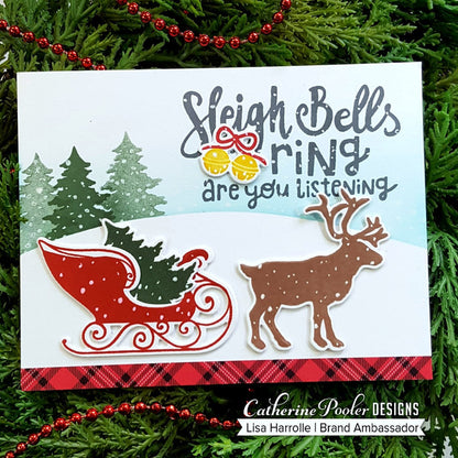 Catherine Pooler - Stamp Set - Sleigh Ride. What could be better then a ride through the snow? With the Sleigh Ride Stamp Set you can ride through the snow in the back of reindeer drawn sleigh and pull your tree from the forest on the back of your pickup truck. Don't forget you thermos of hot cocoa while out in the snow enjoying your day! Available at Embellish Away located in Bowmanville Ontario Canada. Card made by Lisa Harrolle.