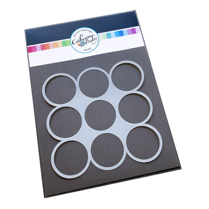 Catherine Pooler - Template Stencil - 1.5" Circle. Create patterned stamped backgrounds with ease using the new Circle Template.  These templates come in three sizes and will help you when you are looking to evenly space various sized stamped images.  You can also blend over these templates with color, using them as a circle stencil or use the edge to make a lovely scalloped motif. Stencil is 6 x 6" in size. Available at Embellish away located in Bowmanville Ontario Canada.