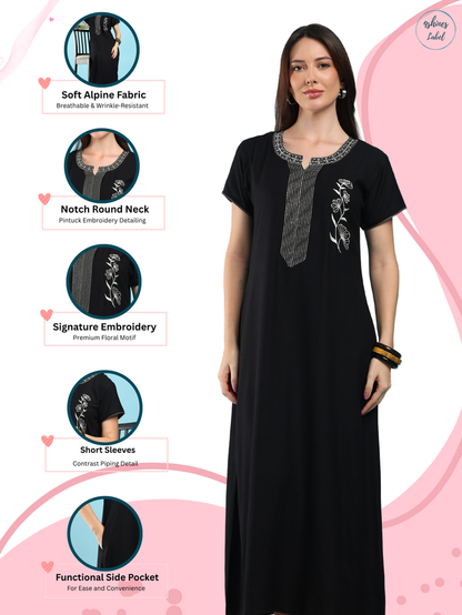 Charm Black Alpine Designer Nighty for Women with Pintuck Embroidery