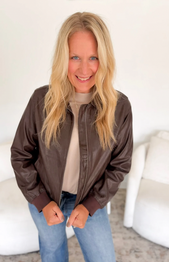 Classic Brown Leather Bomber Jacket