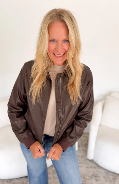 Classic Brown Leather Bomber Jacket