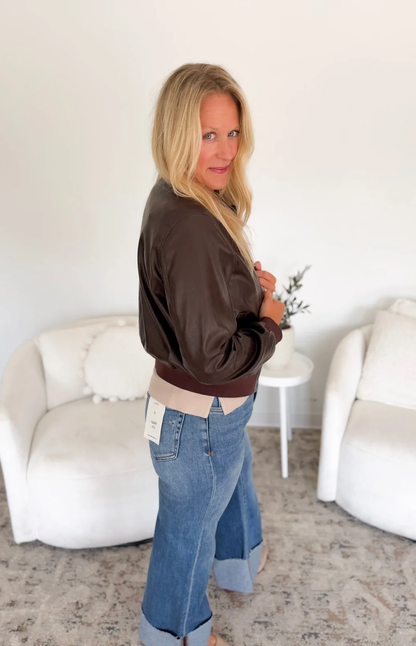 Classic Brown Leather Bomber Jacket
