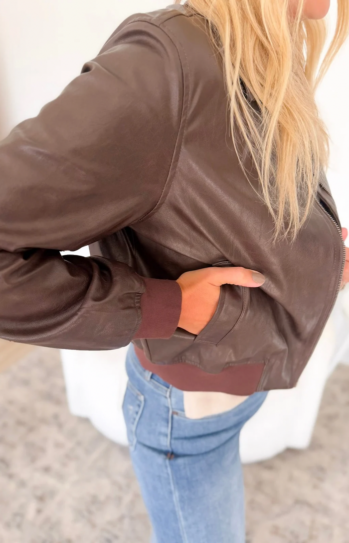 Classic Brown Leather Bomber Jacket