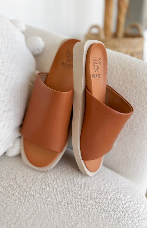 Cognac Slip On Platform Sandals
