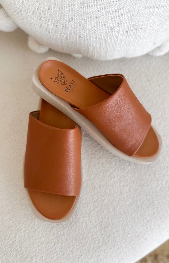 Cognac Slip On Platform Sandals